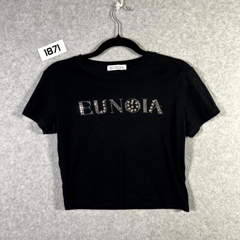 Eunoia Cropped T Shirt Women Medium Black Cotton Rhinestone Graphic Short Sleeve